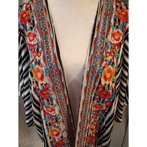 Savannah Jane Open Kimono Black White Striped Colorful Floral Embroidered...